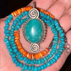 Turquoise and Oyster Shell Heishi Necklace with 925 Silver Turquoise Pendant